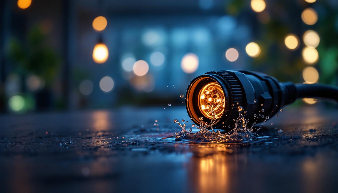 A photograph of a close-up shot of a 3 wire waterproof connector in a lighting design setup