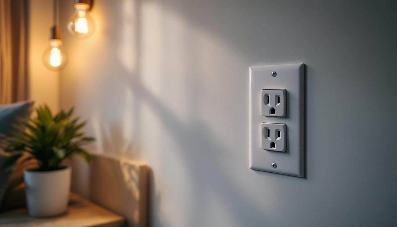 A photograph of a beautifully designed living space featuring stylish outlet covers and thoughtfully arranged lighting fixtures