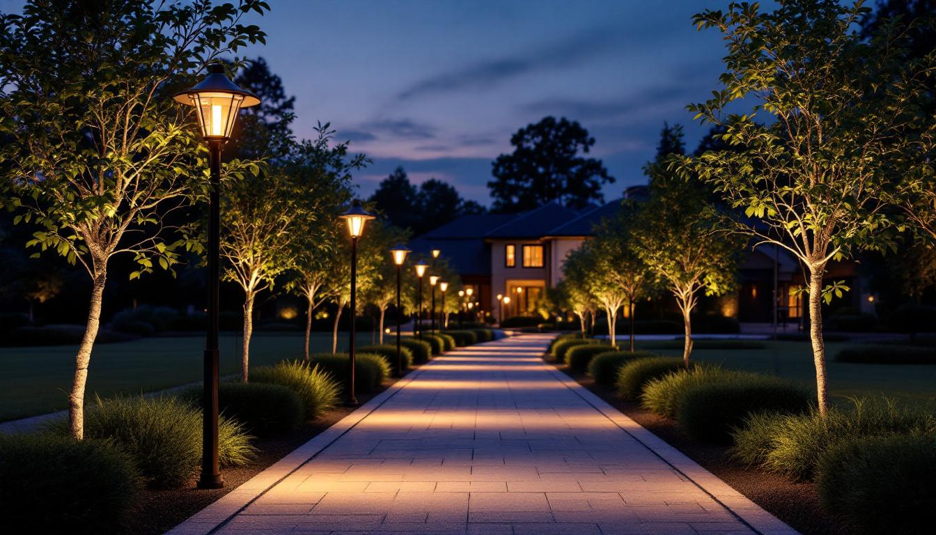 A photograph of a beautifully illuminated walkway at dusk