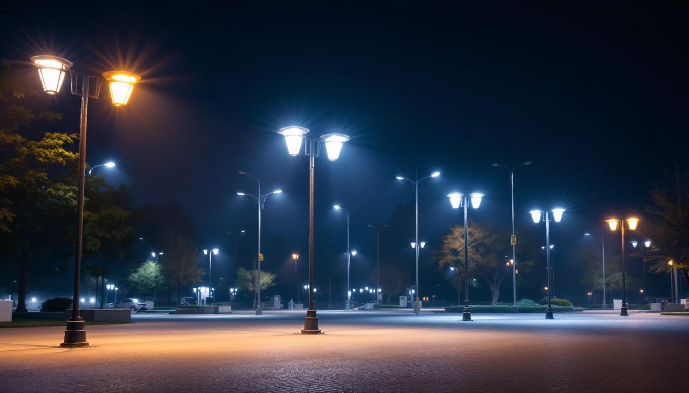A photograph of a well-lit outdoor space featuring various pole light fixtures in use