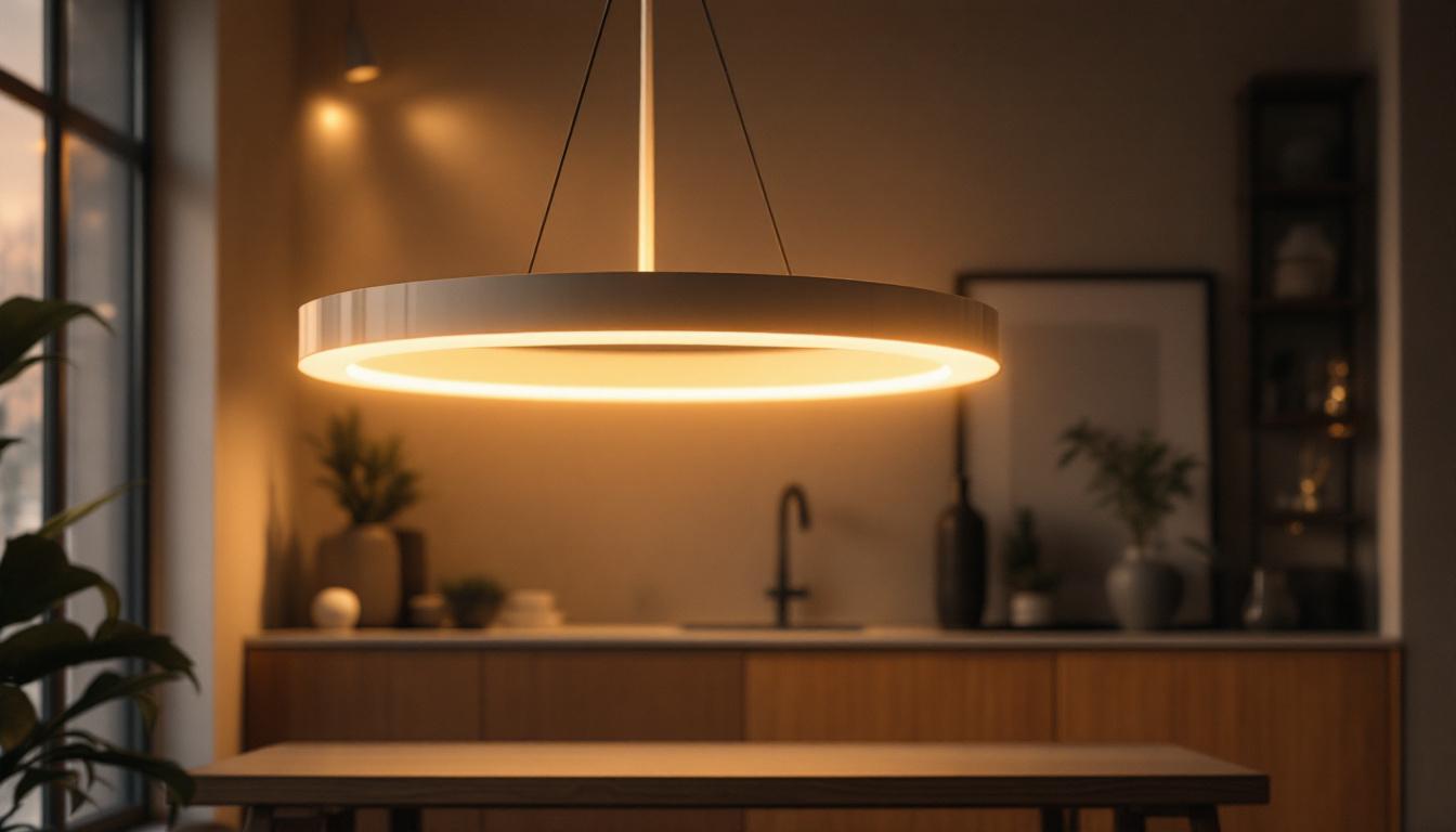 A photograph of capture a photograph of a stylish circular hanging light fixture in a modern interior setting