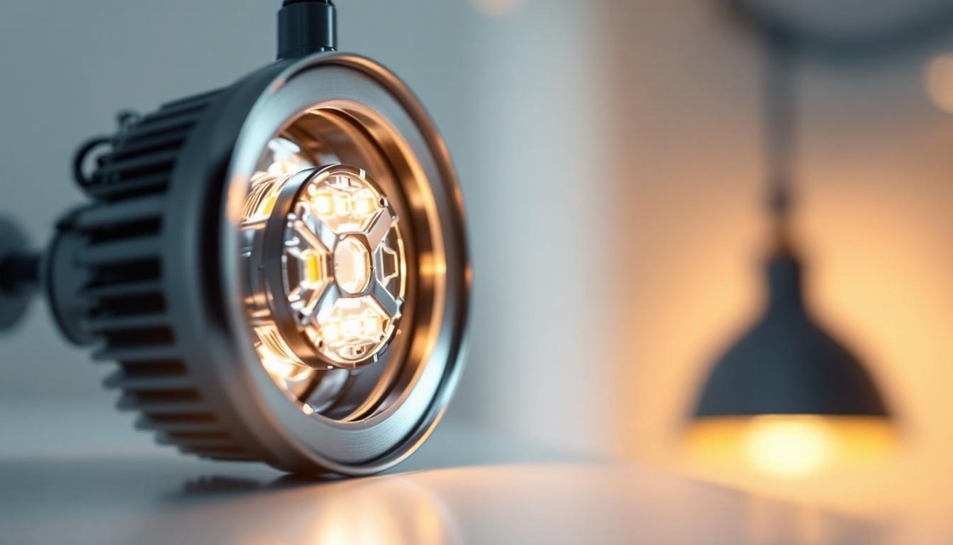 A photograph of a close-up of a modern led lighting fixture with a focus on its sleek design and the internal components