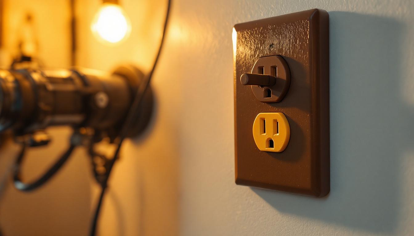 A photograph of a close-up shot of a brown power outlet in a well-lit room