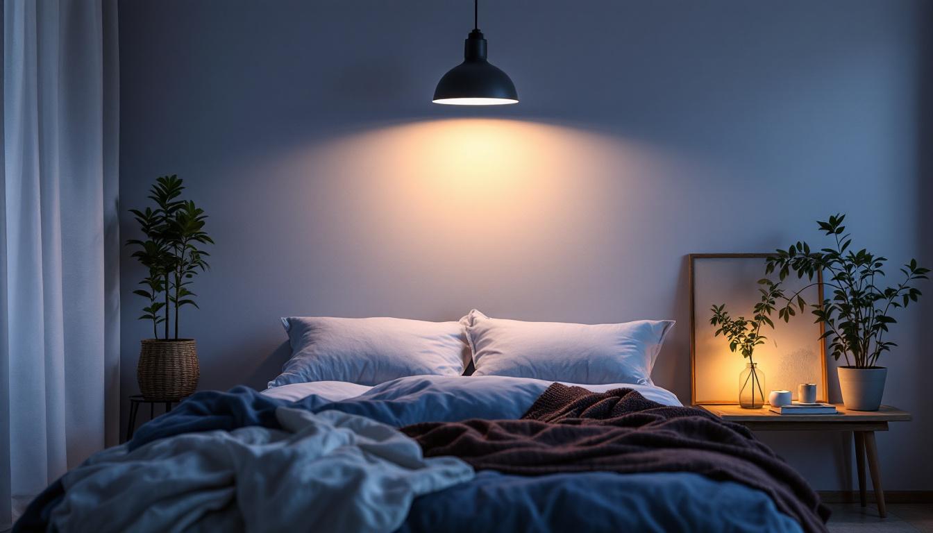 A photograph of a cozy bedroom scene featuring an overhead bed light that illuminates the space