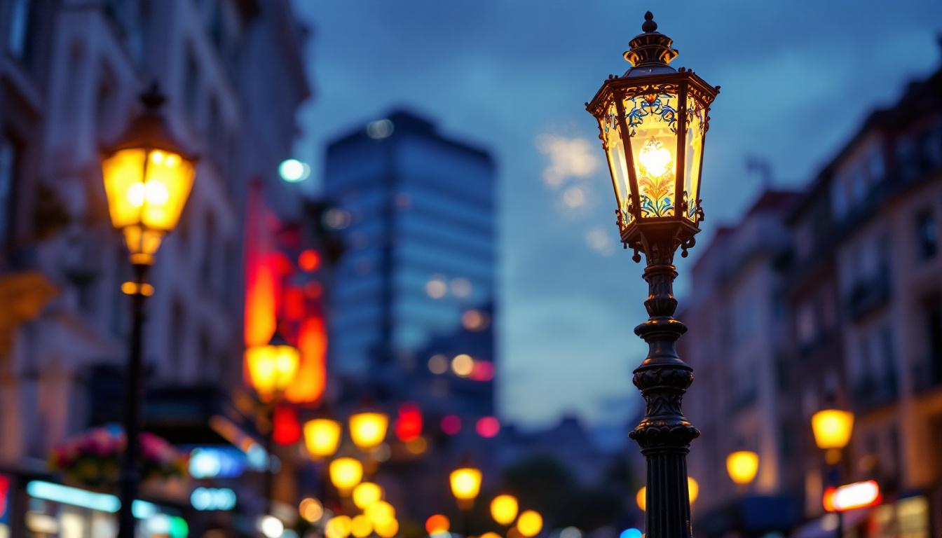 A photograph of a beautifully painted lamp post in a well-lit urban setting