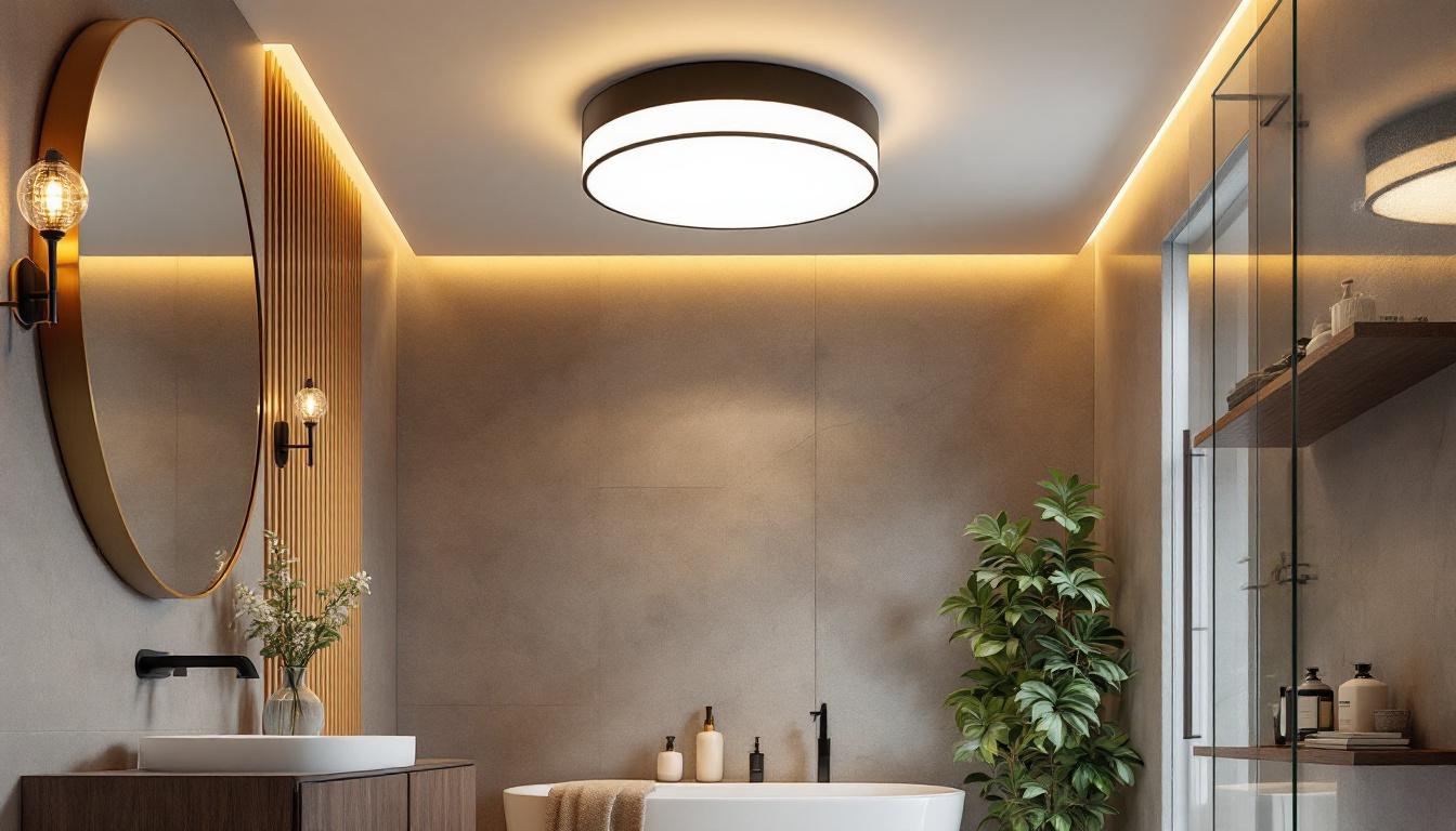 A photograph of a stylish semi-flush bathroom ceiling light fixture installed in a modern bathroom setting