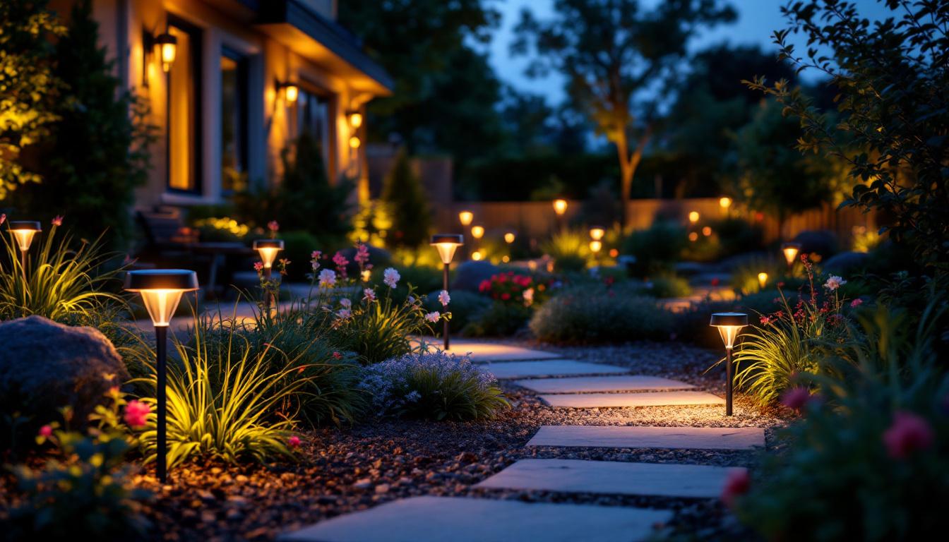 A photograph of a beautifully landscaped outdoor setting at dusk