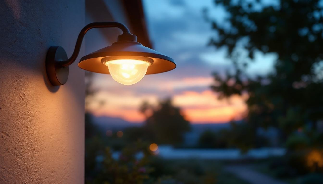 A photograph of a stylish exterior overhead light fixture installed in a beautifully landscaped outdoor setting during twilight