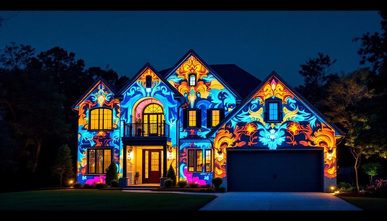 A photograph of a beautifully illuminated house showcasing a large-scale projected lighting installation