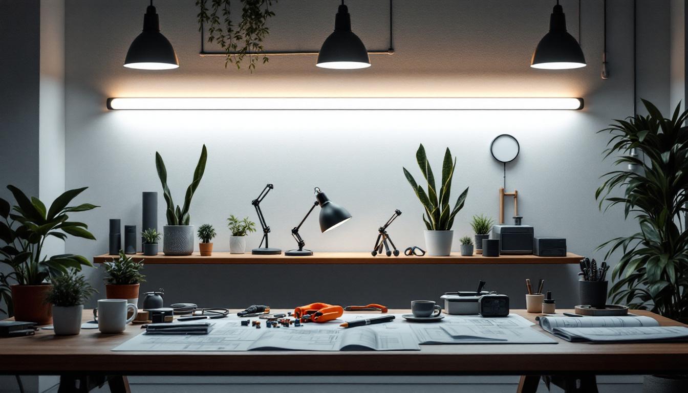 A photograph of a well-designed workspace featuring modern luminaire fluorescent lighting