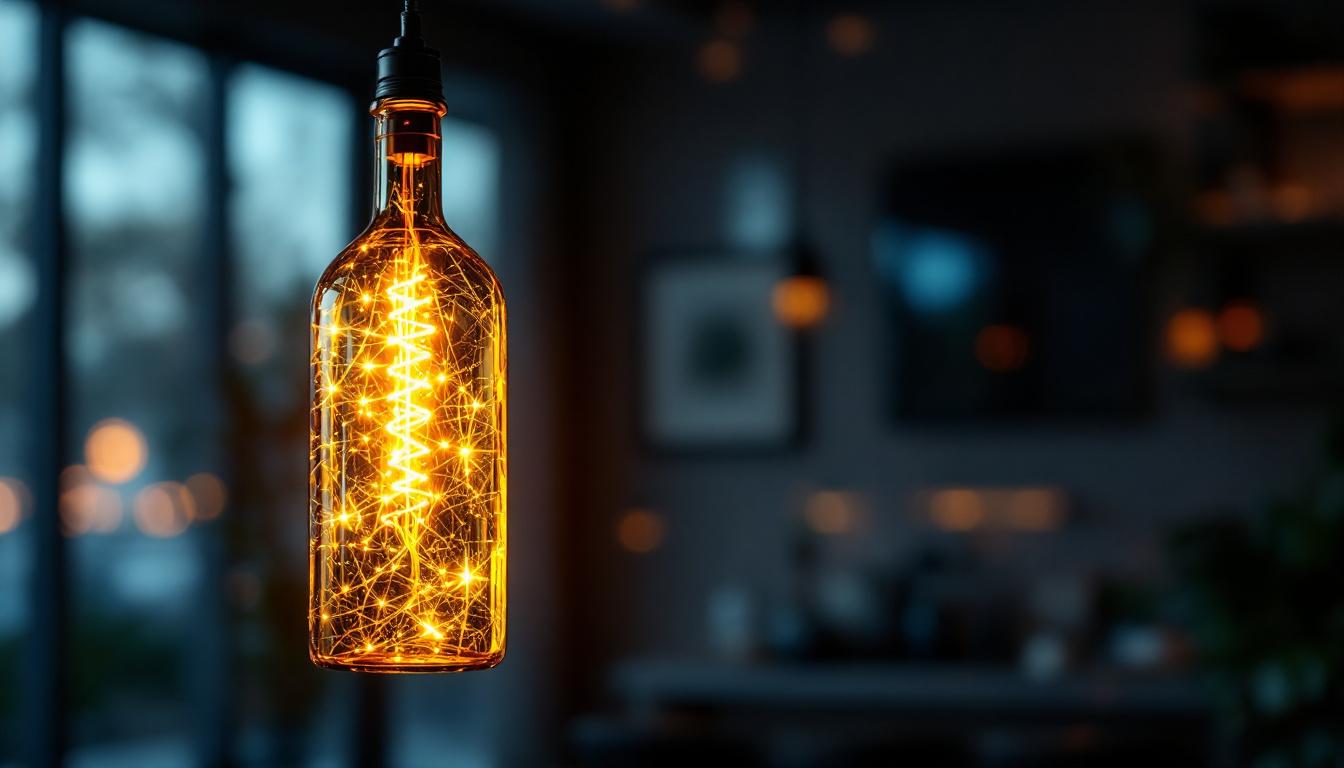 A photograph of a stylish wine bottle pendant lamp illuminated in a modern interior setting