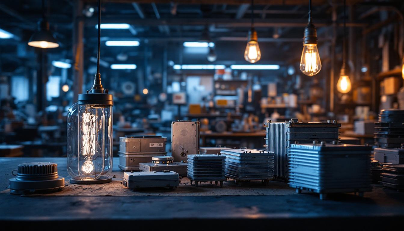 A photograph of capture a photograph of a variety of electrical ballasts displayed alongside lighting fixtures in a well-lit workshop setting