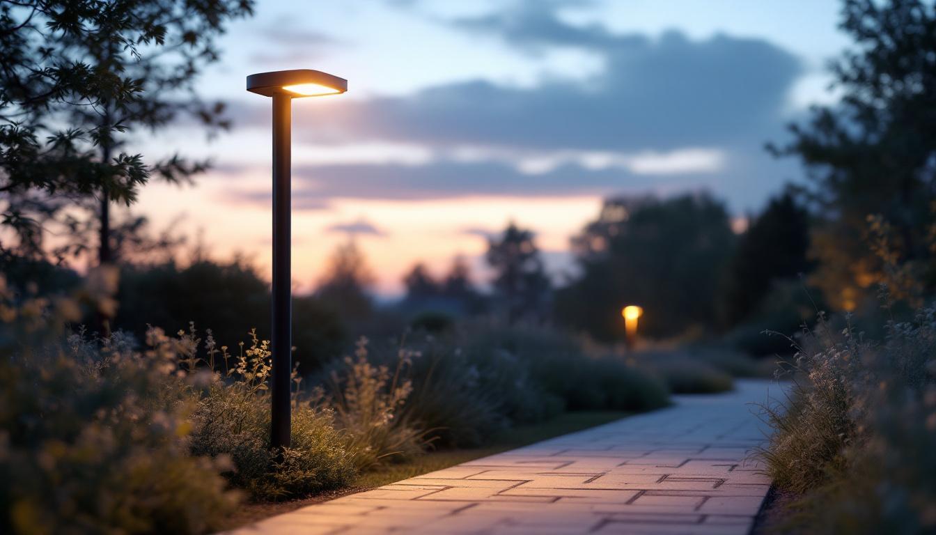 A photograph of a beautifully designed solar-powered light post illuminating a pathway in a serene outdoor setting