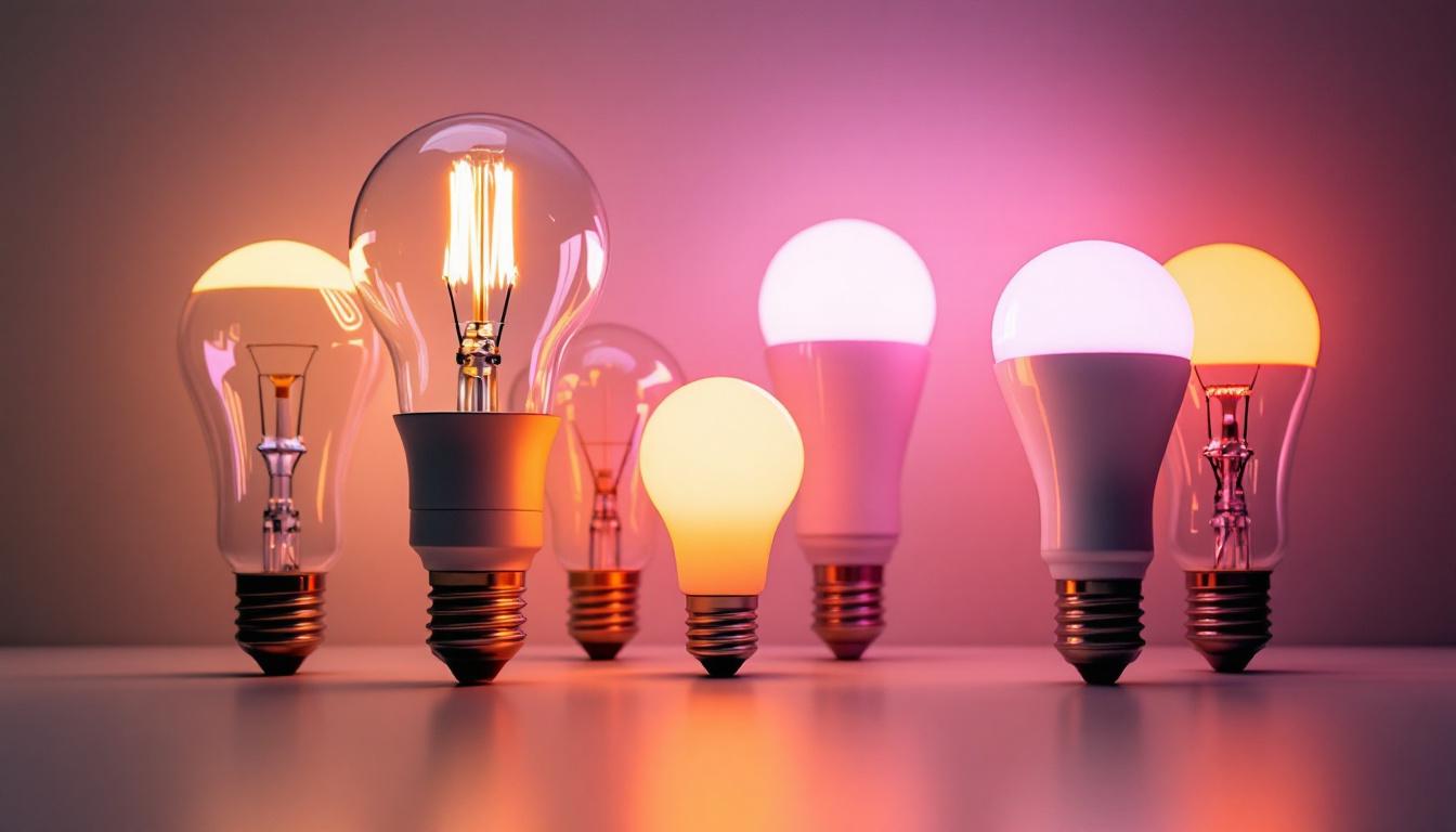 A photograph of a variety of a19 light bulbs displayed in an aesthetically pleasing arrangement