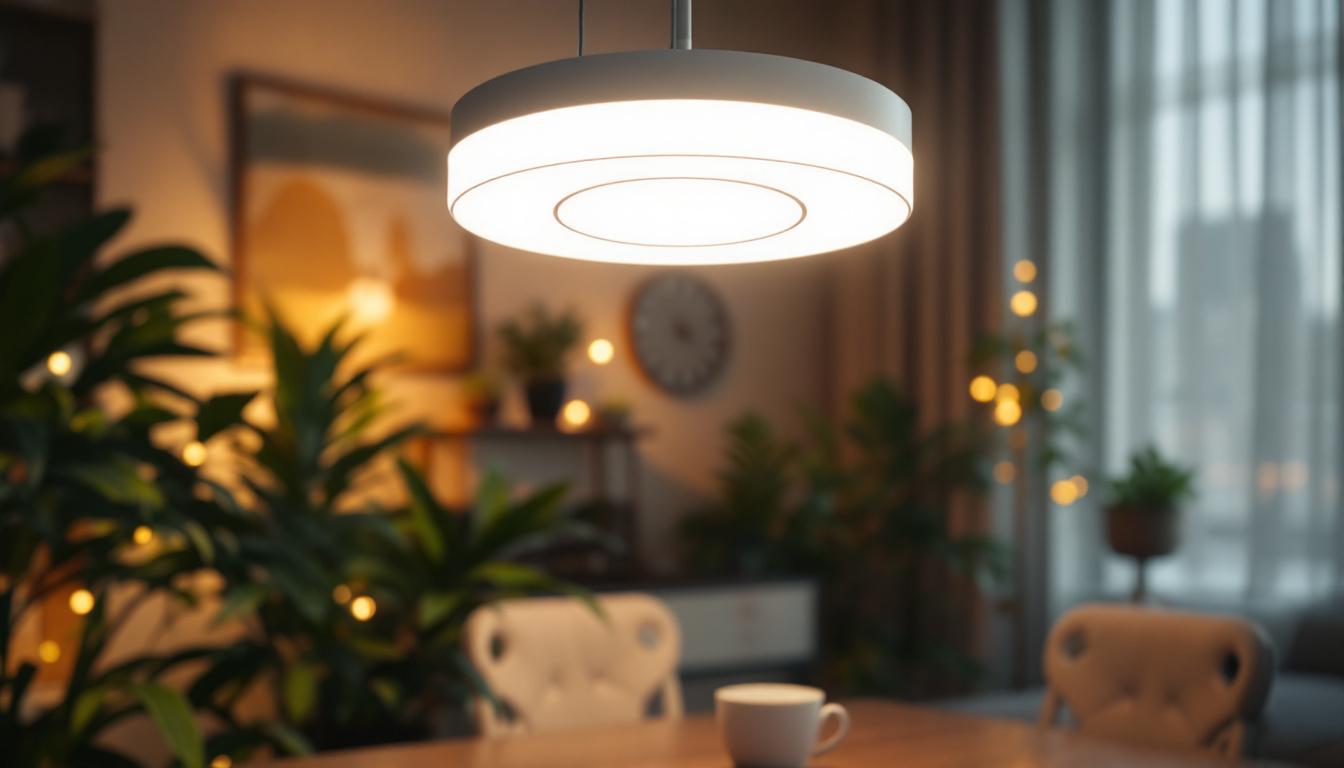 A photograph of a modern motion-sensing indoor light fixture in a stylish interior setting