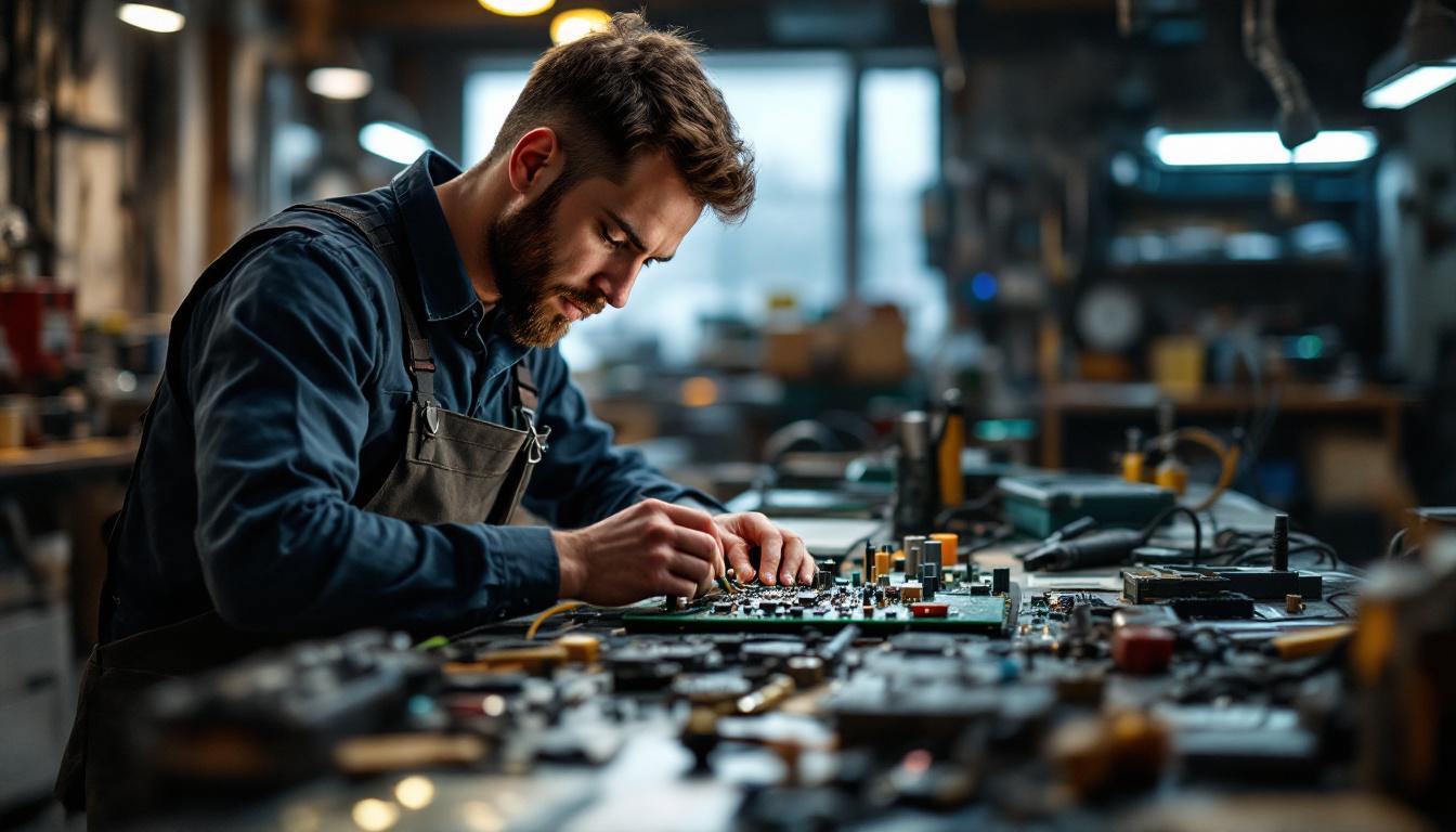 A photograph of a focused electrical engineer working on a complex circuit board in a well-lit workshop