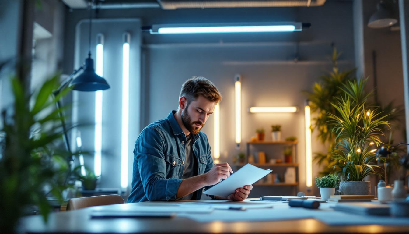 A photograph of a well-lit workspace featuring a variety of led tubelights in different settings