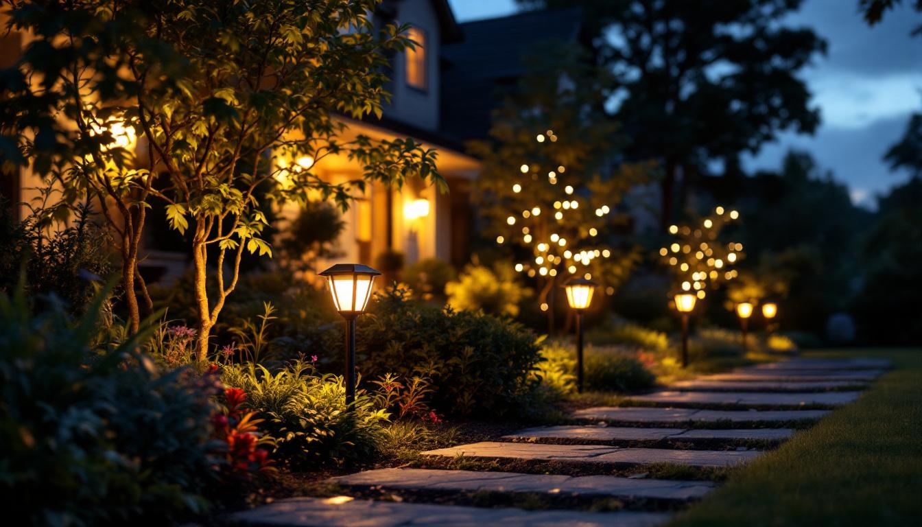 A photograph of a beautifully landscaped yard illuminated by various solar lights at dusk