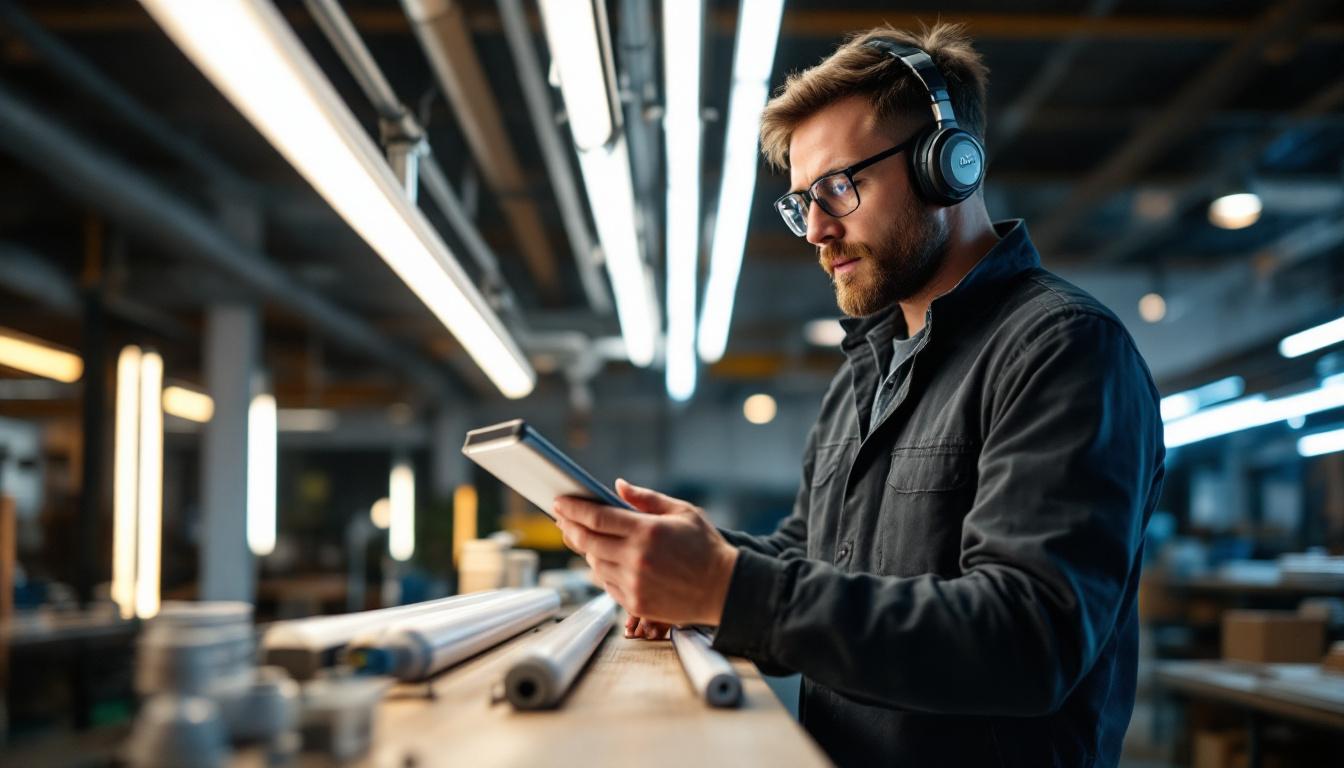 A photograph of capture a photograph of a lighting engineer examining a t8 ballast alongside various fluorescent tubes in a well-lit workshop