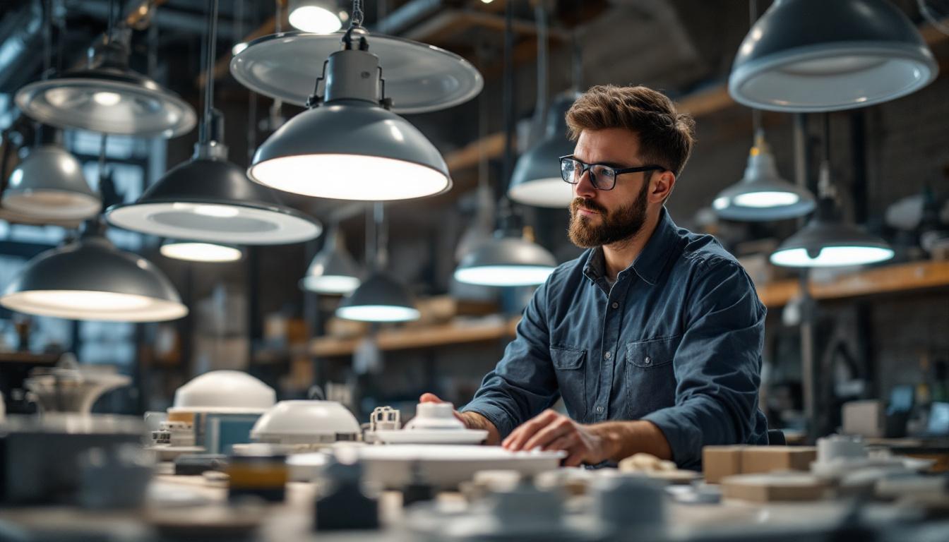 A photograph of a lighting engineer examining various ceiling light housing designs in a well-lit workshop