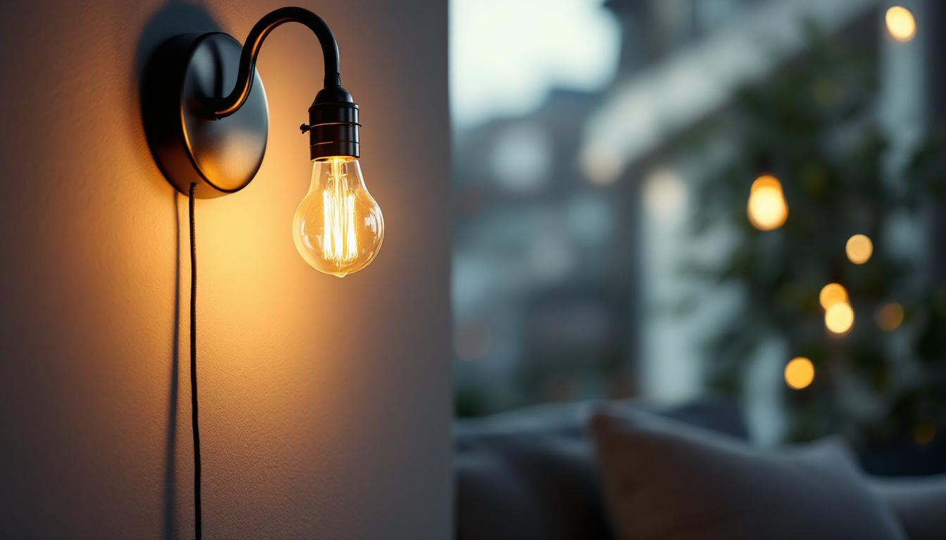 A photograph of a stylish wall light fixture illuminated in a cozy interior setting