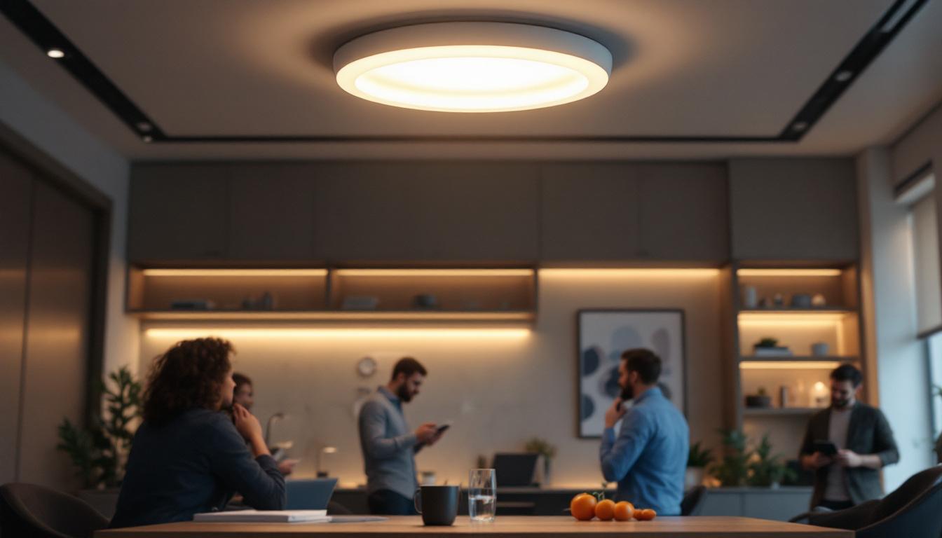 A photograph of a modern ufo-shaped ceiling light installed in a stylish interior setting