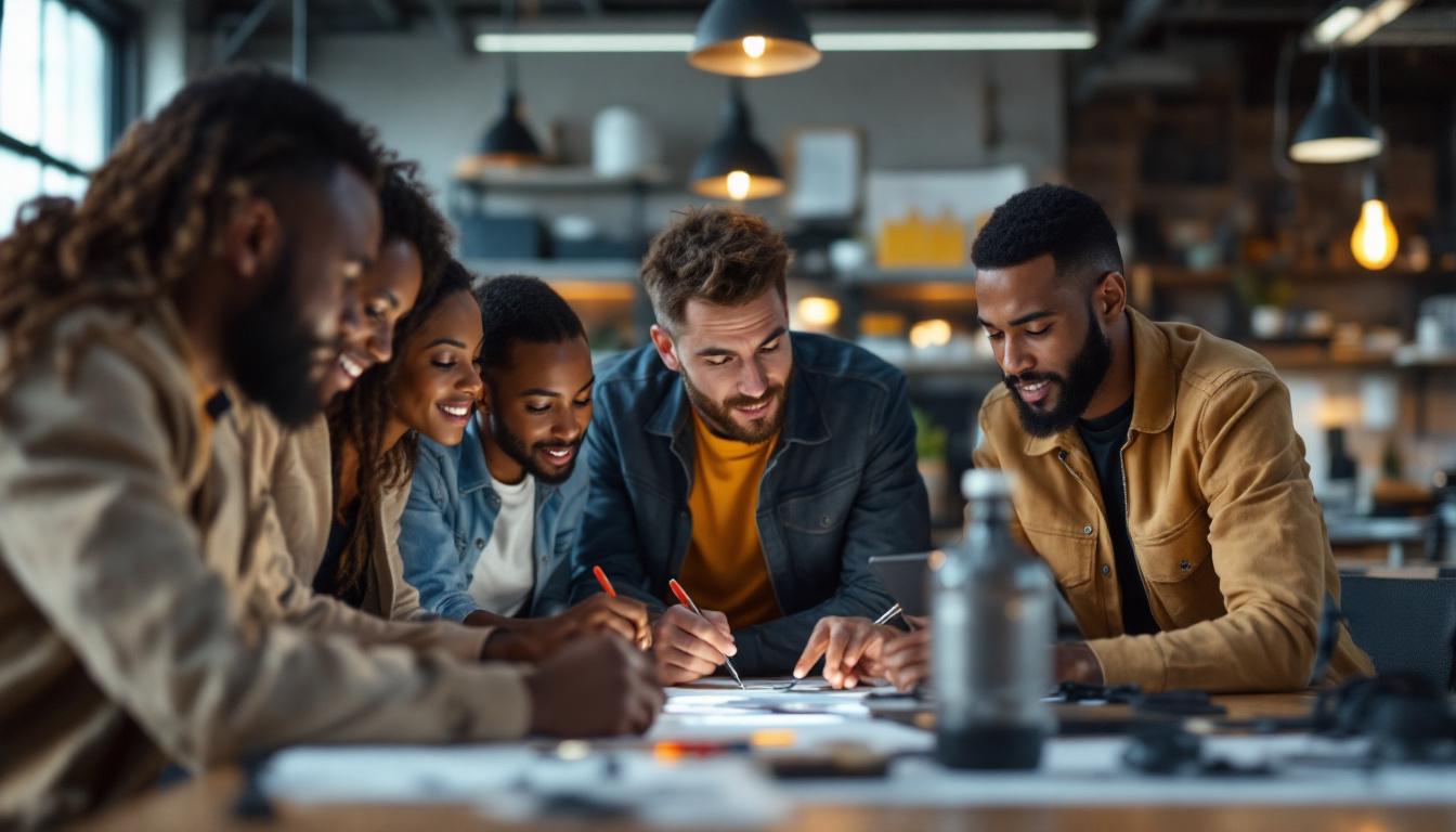 A photograph of a diverse group of electrical engineers collaborating around a table