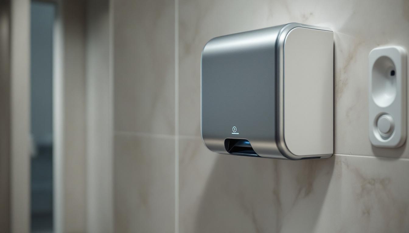 A photograph of capture a photograph of a hand dryer installed at the appropriate ada-compliant height in a well-lit restroom