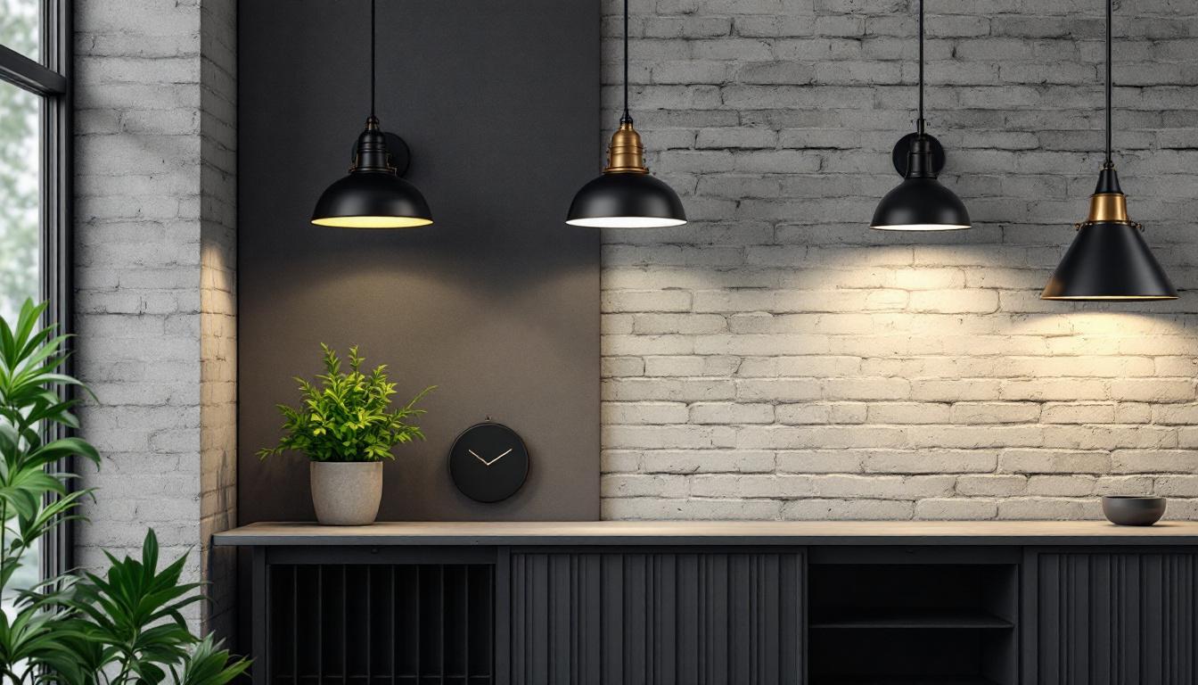 A photograph of a modern interior space showcasing a striking contrast between industrial-style wall-mounted lights and sleek commercial lighting fixtures