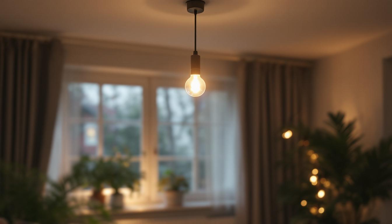 A photograph of a stylish adjustable ceiling lamp in a well-lit room