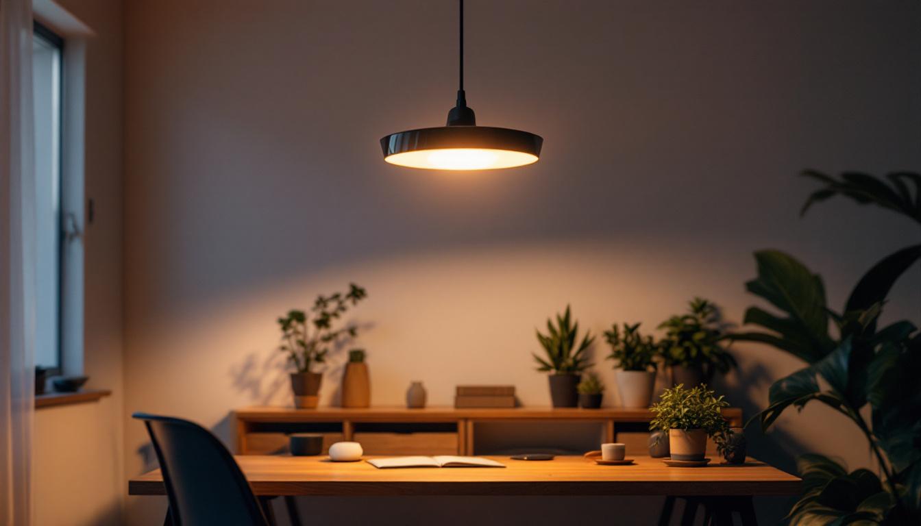 A photograph of a modern home office setting featuring a stylish ceiling lamp that highlights innovative lighting technologies