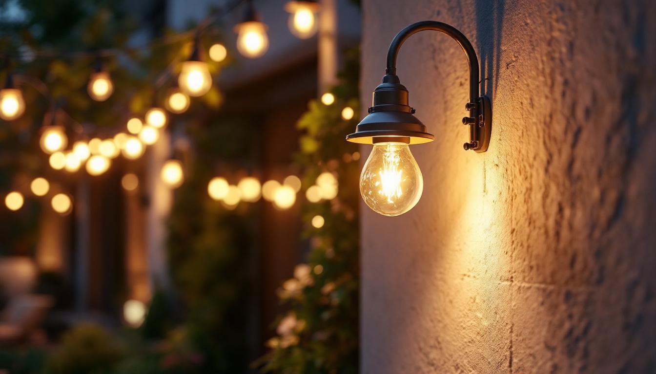 A photograph of a beautifully illuminated outdoor space featuring various bracket lights in use