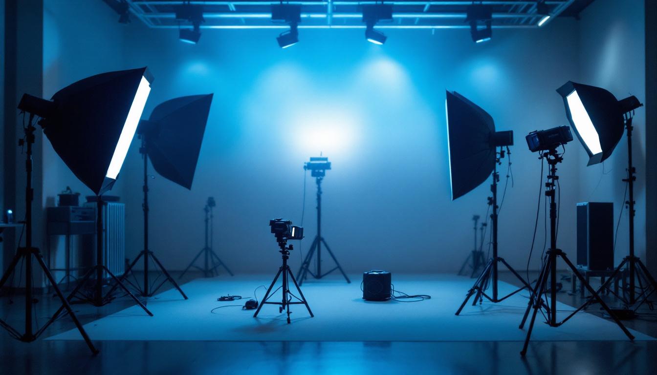 A photograph of a well-organized lighting setup featuring various tracks and accessories in action