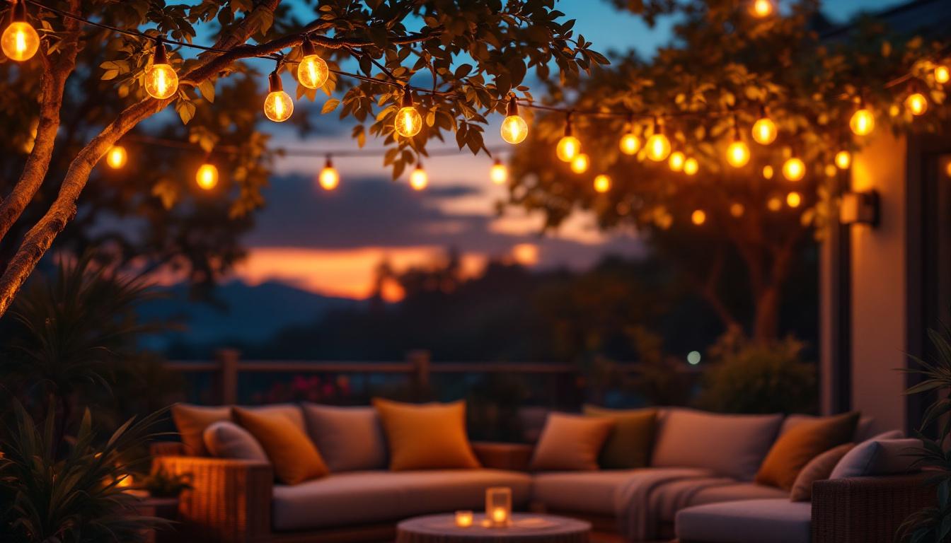 A photograph of a beautifully arranged outdoor patio scene at dusk