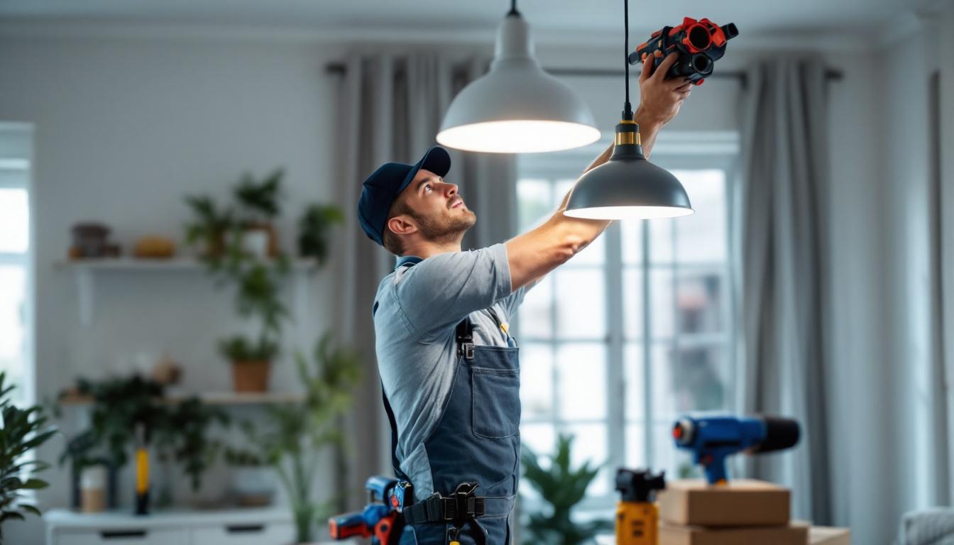 A photograph of a skilled electrician or diy enthusiast confidently replacing a pendant light fixture in a stylish home setting
