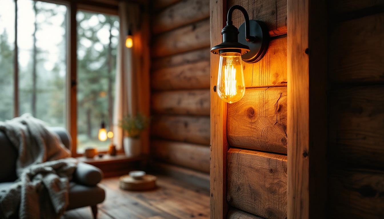 A photograph of a cozy cabin interior featuring beautifully designed sconces that illuminate the space