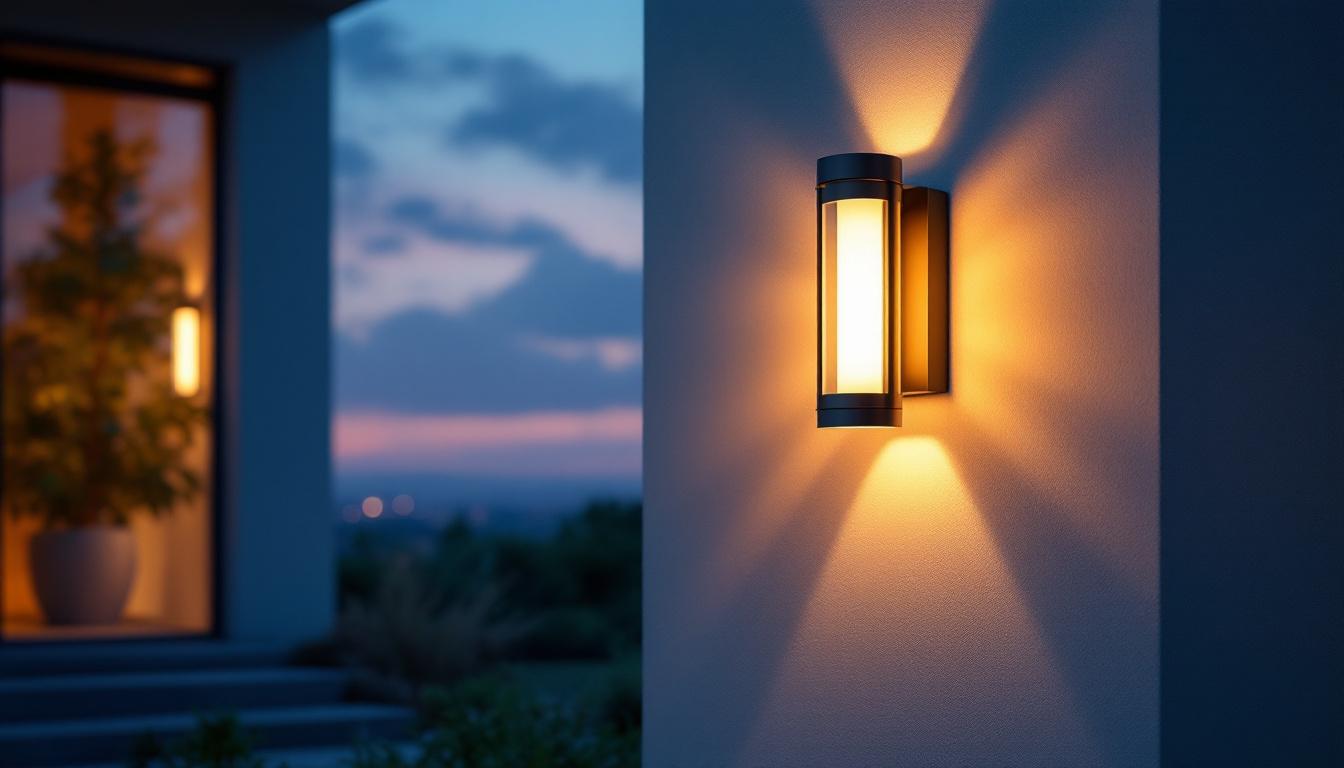 A photograph of a stylish wall mount exterior light fixture illuminating a home's entrance