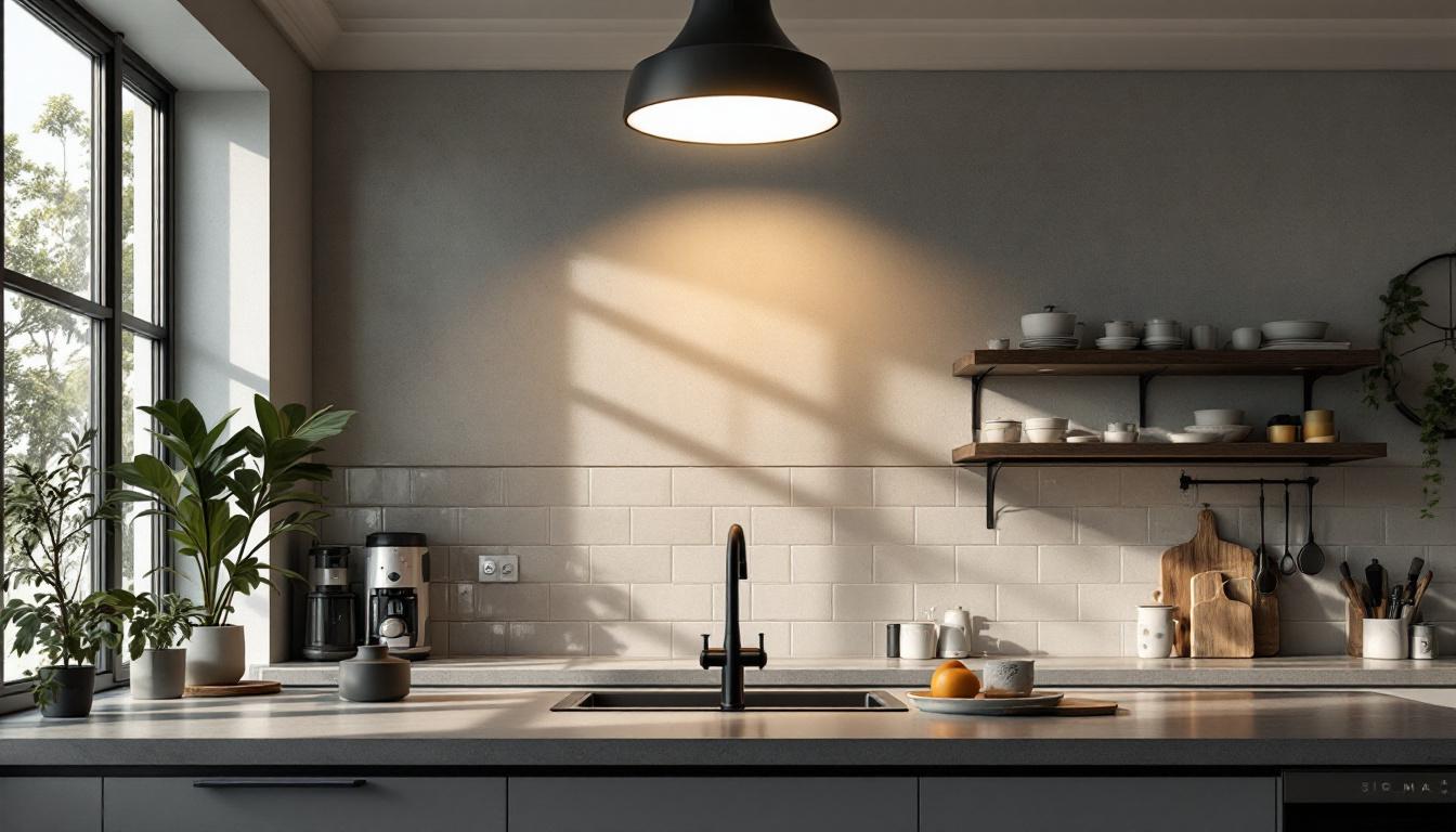 A photograph of a stylish kitchen featuring a modern flush mount light fixture
