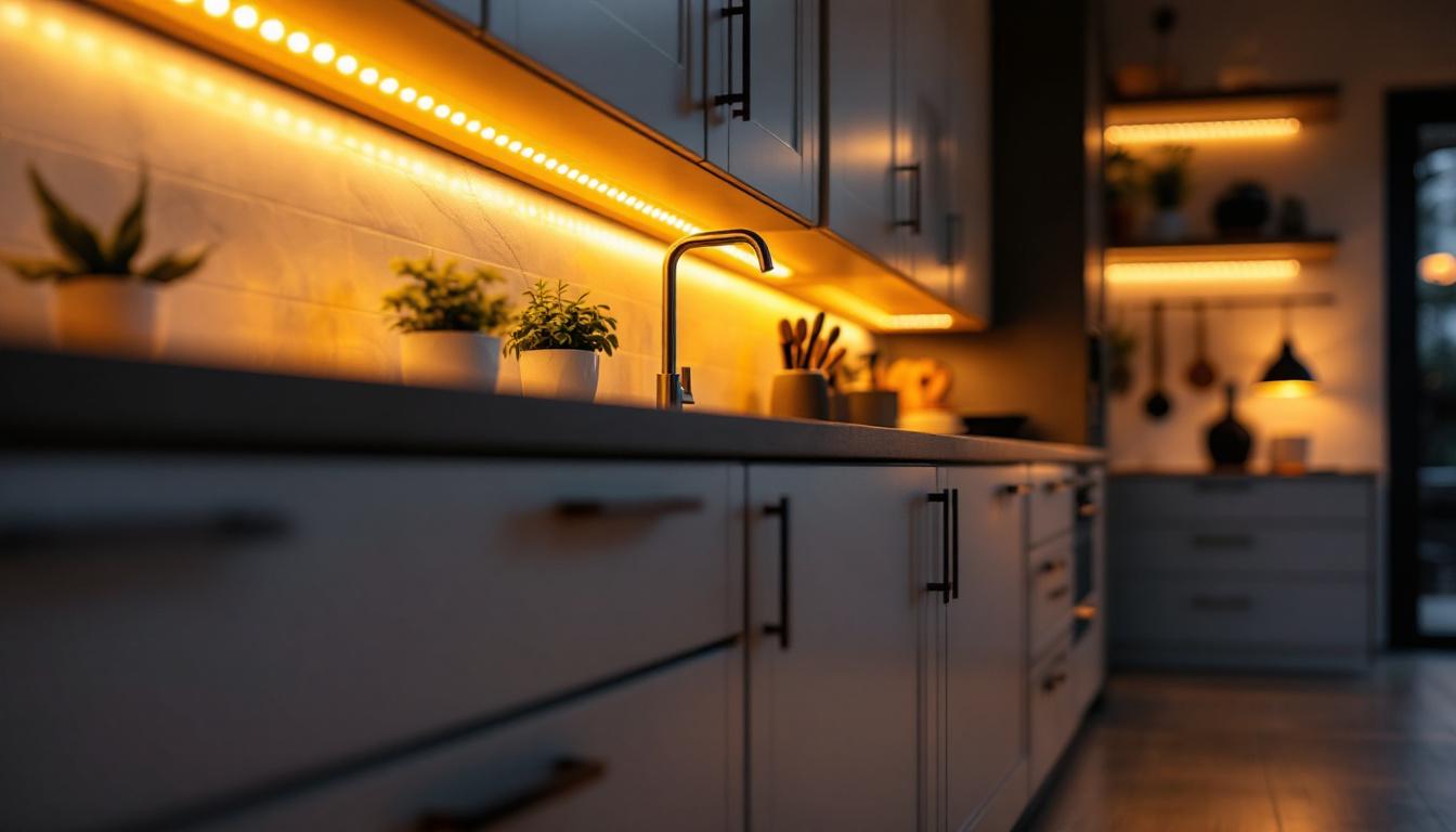 A photograph of a beautifully designed kitchen or cabinet space featuring warm