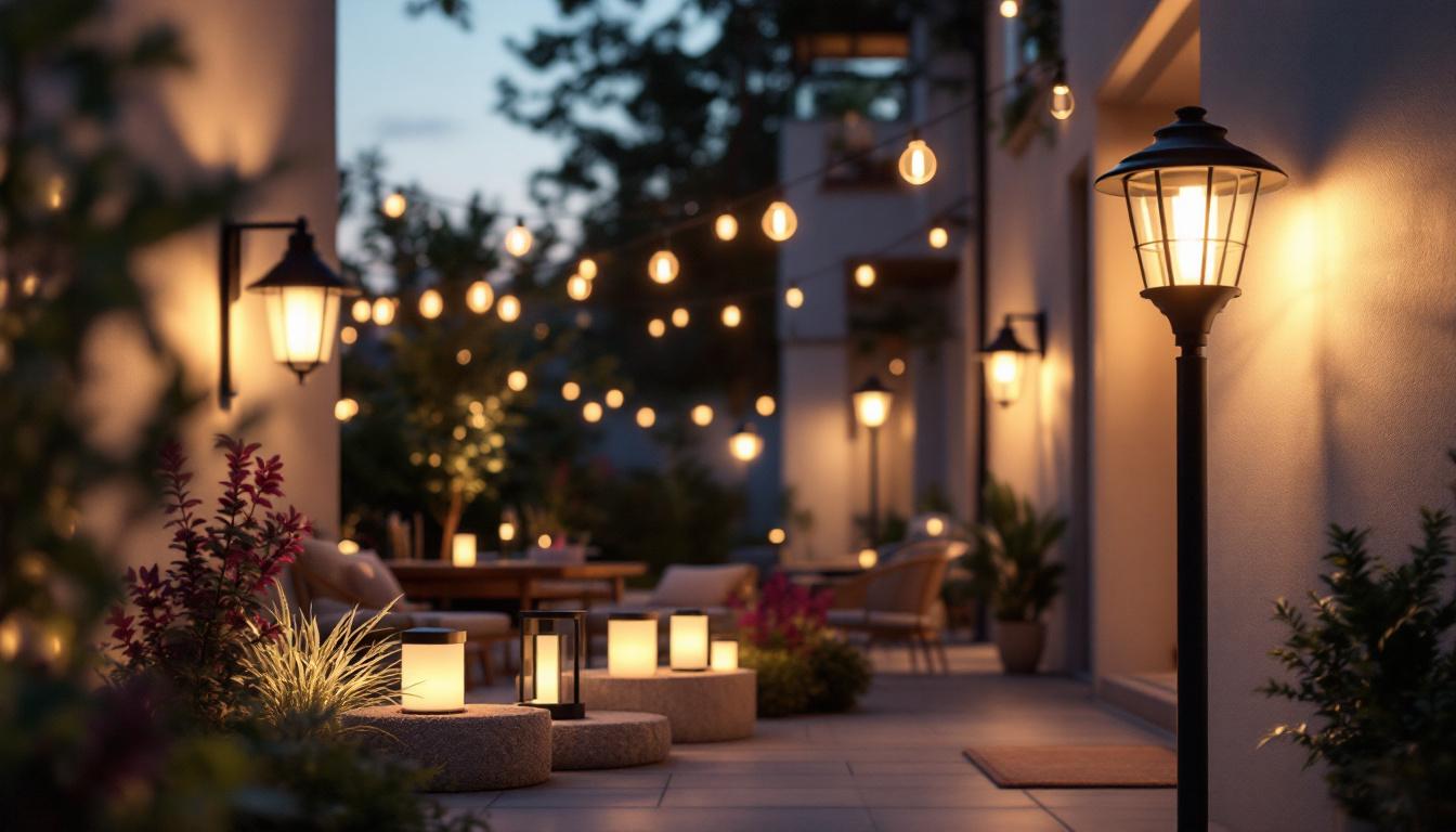 A photograph of a stylish outdoor setting featuring various plastic exterior light fixtures