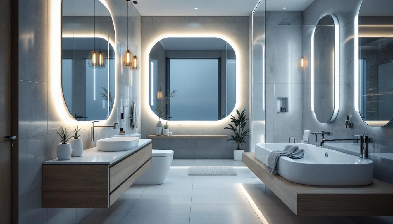 A photograph of a beautifully lit bathroom featuring modern lumens lighting fixtures