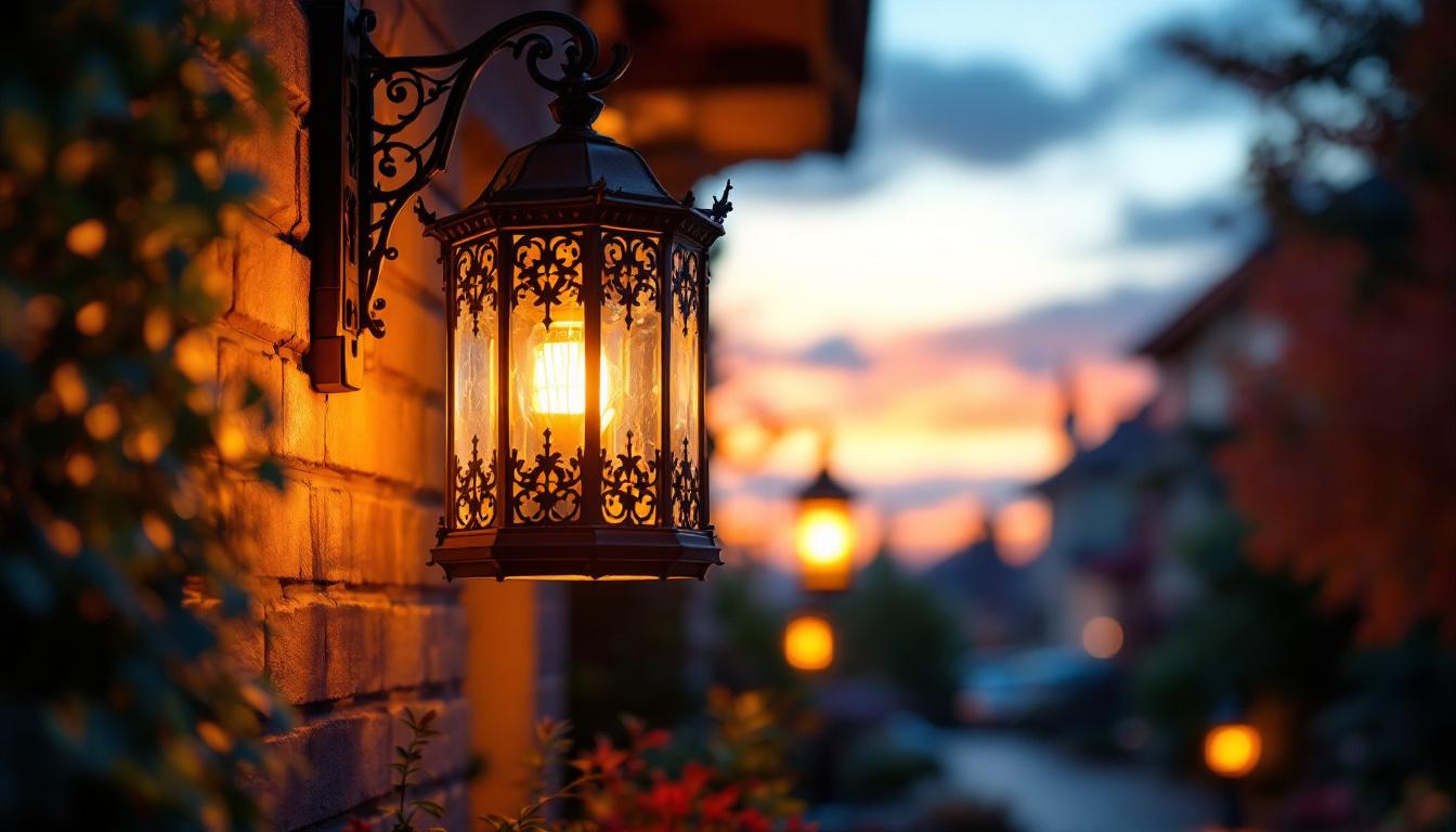 A photograph of a beautifully designed large exterior hanging lantern illuminated at dusk
