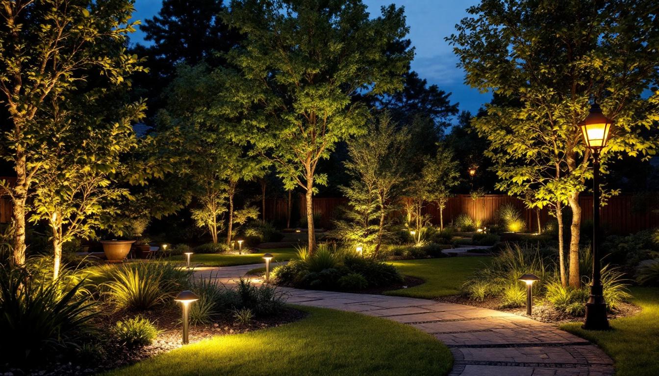A photograph of a beautifully illuminated outdoor landscape featuring a variety of professional landscape lighting fixtures in use