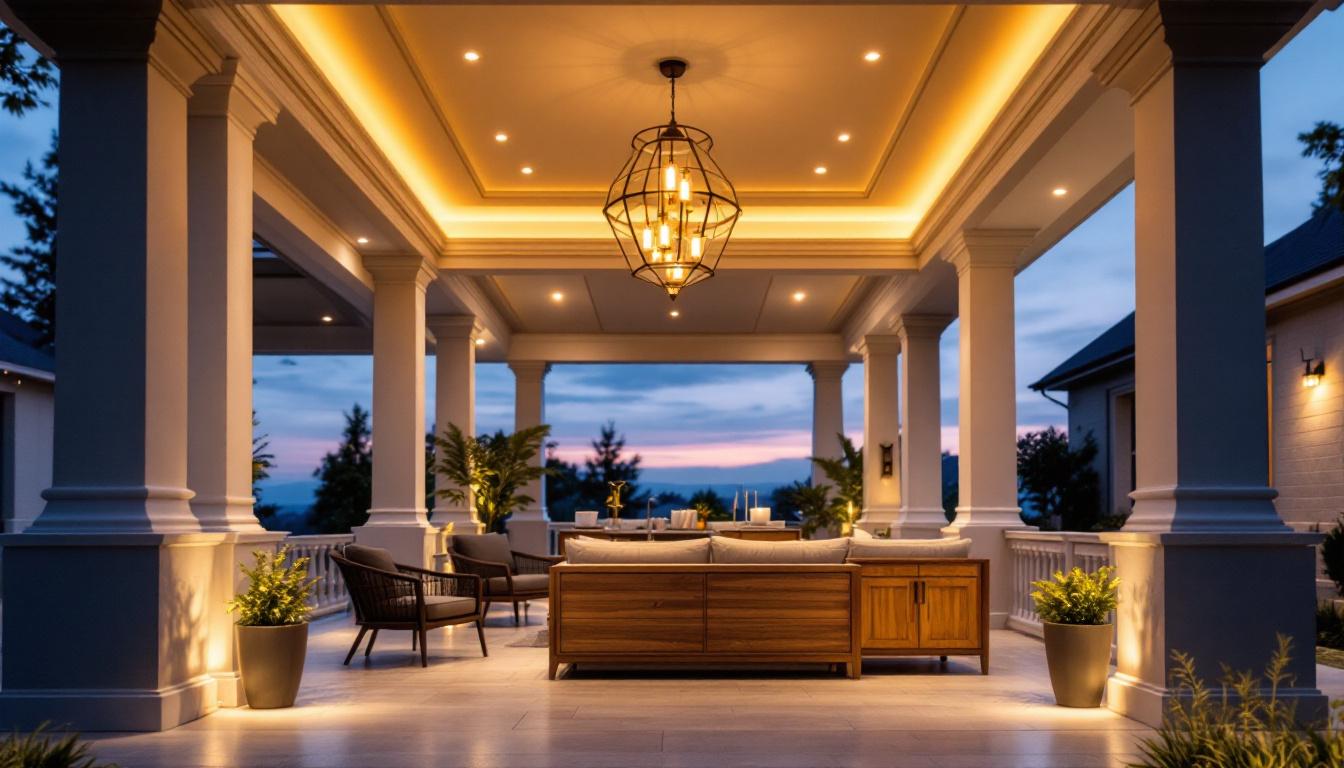 A photograph of a beautifully designed porch with stylish ceiling lighting that highlights the ambiance and functionality of the space