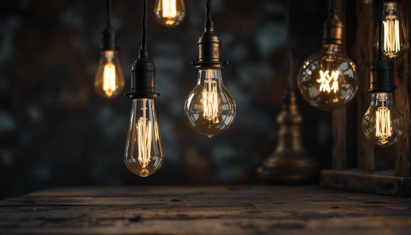 A photograph of a beautifully arranged display of vintage antique light bulbs