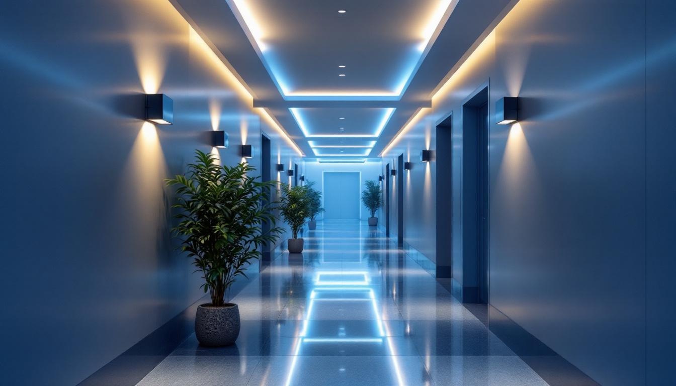 A photograph of a modern hallway illuminated by a combination of innovative lighting technologies