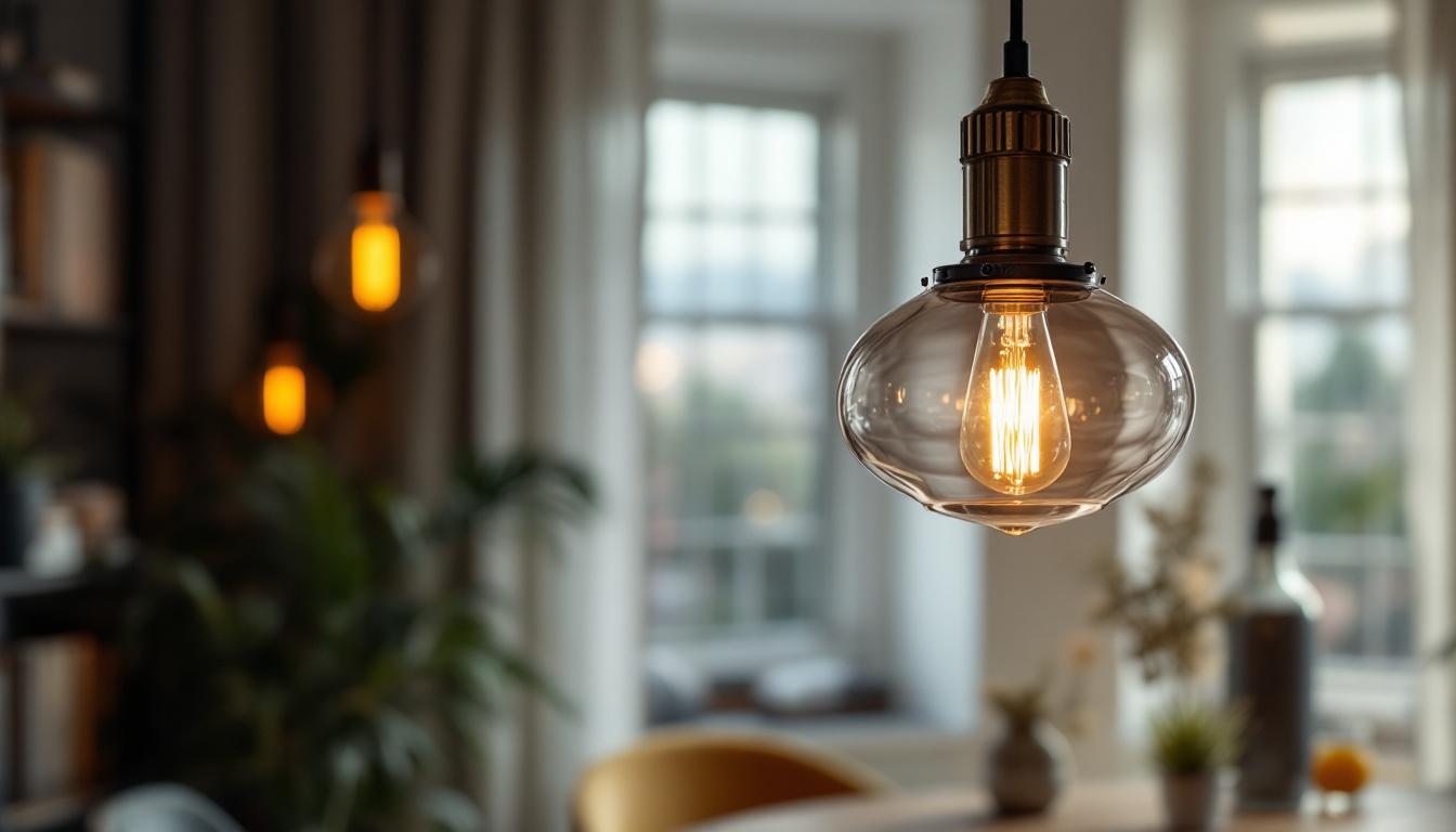 A photograph of a beautifully designed circa lighting pendant fixture in a well-lit