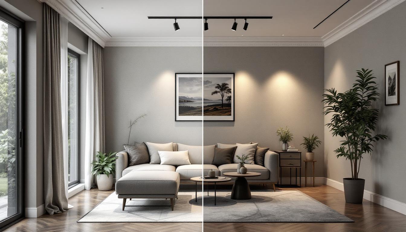 A photograph of a stylishly designed room showcasing a before-and-after transformation