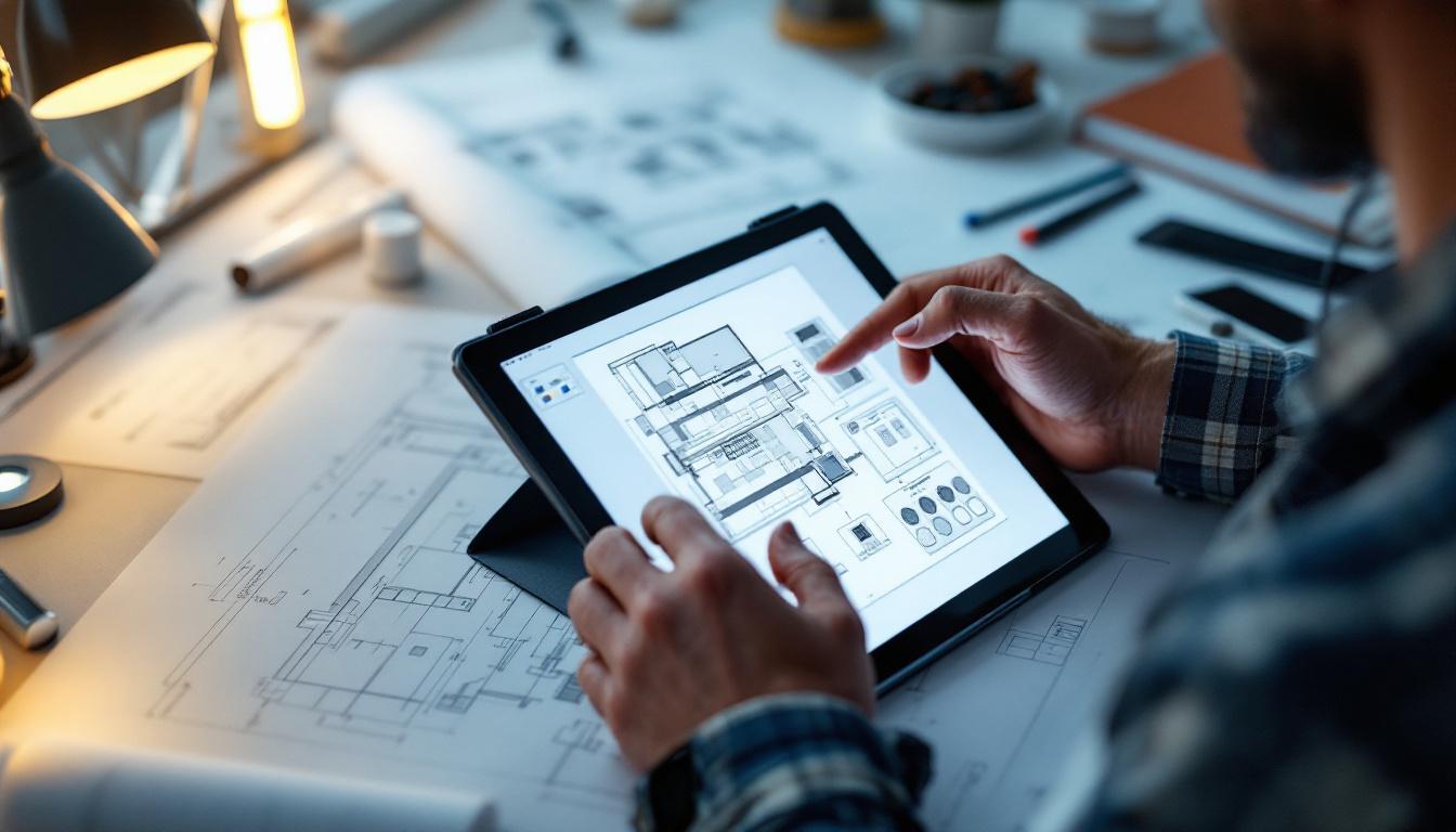 A photograph of a skilled electrical engineer meticulously designing a lighting layout on a digital tablet