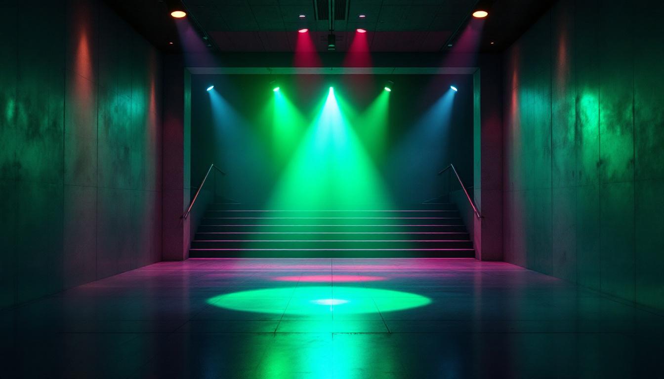 A photograph of a vibrant green floodlight illuminating a modern architectural space